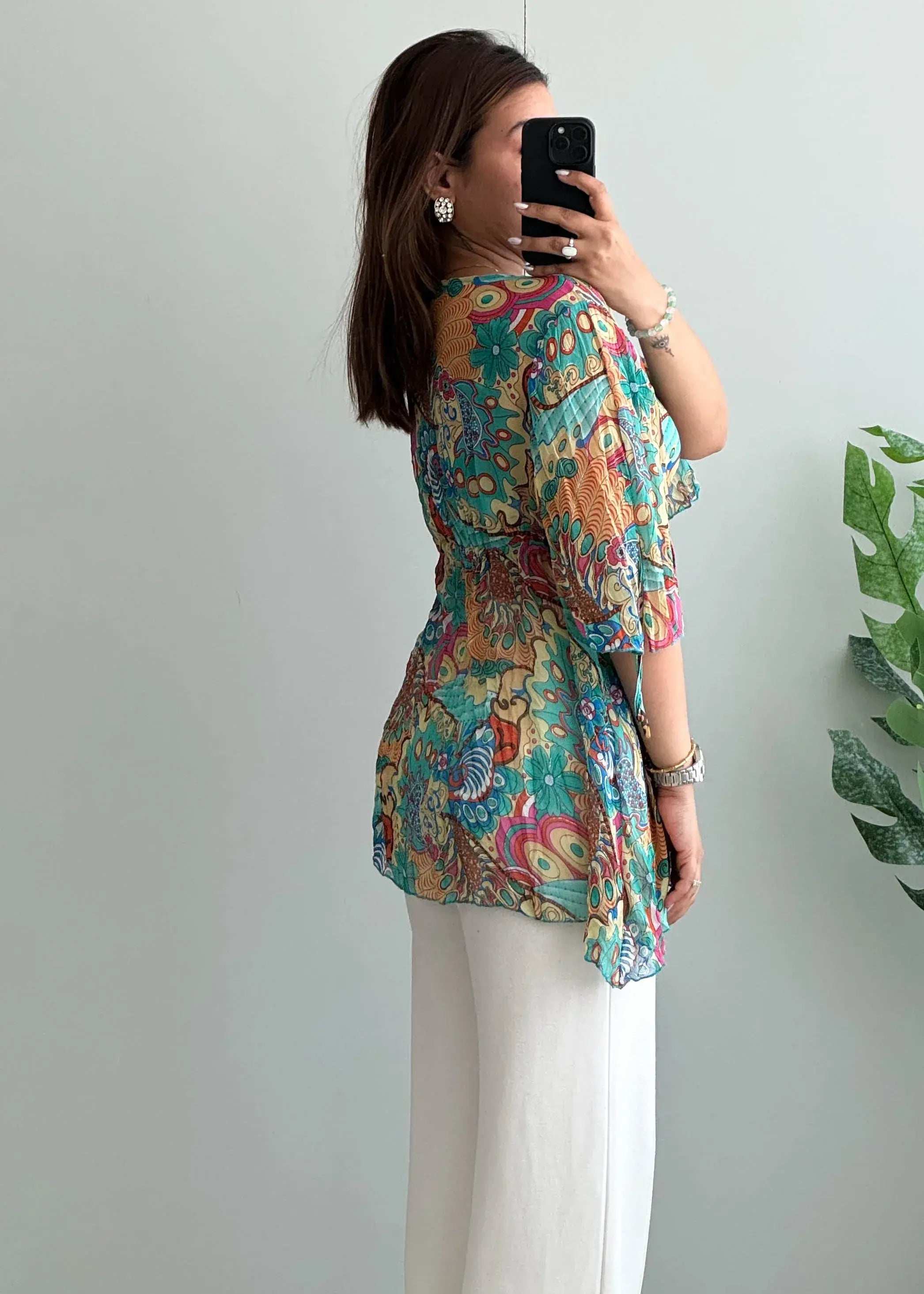 Size M-L, Multicolor Boho Print Tie-Waist Peplum Top - Closet by Payal