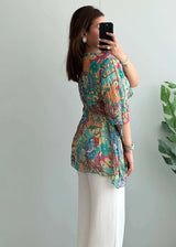 Size M-L, Multicolor Boho Print Tie-Waist Peplum Top - Closet by Payal