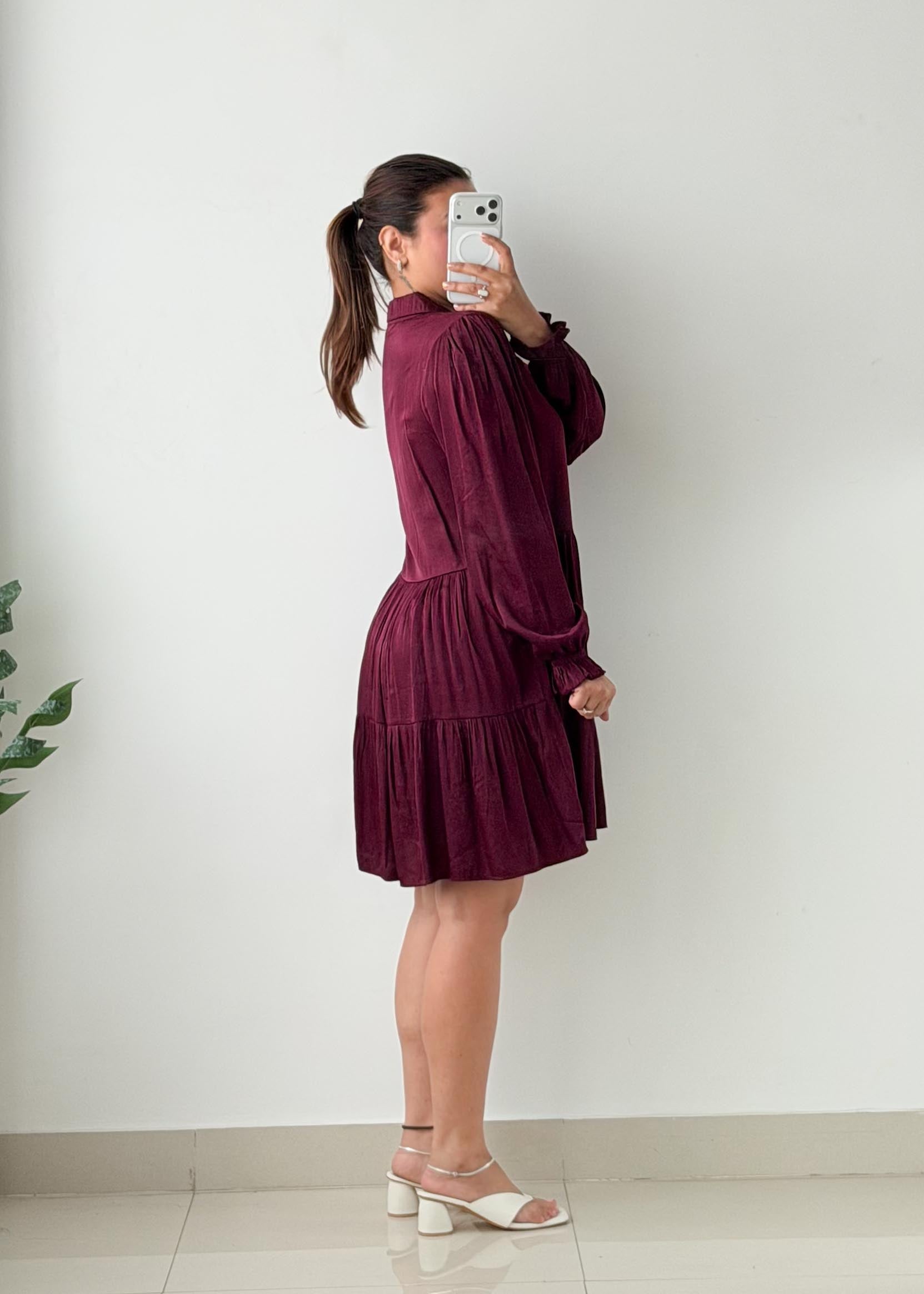 Size S-M Burgundy Tiered Shirt Mini Dress