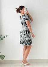 Size M-L Black & White Baroque Print Knit Mini Dress