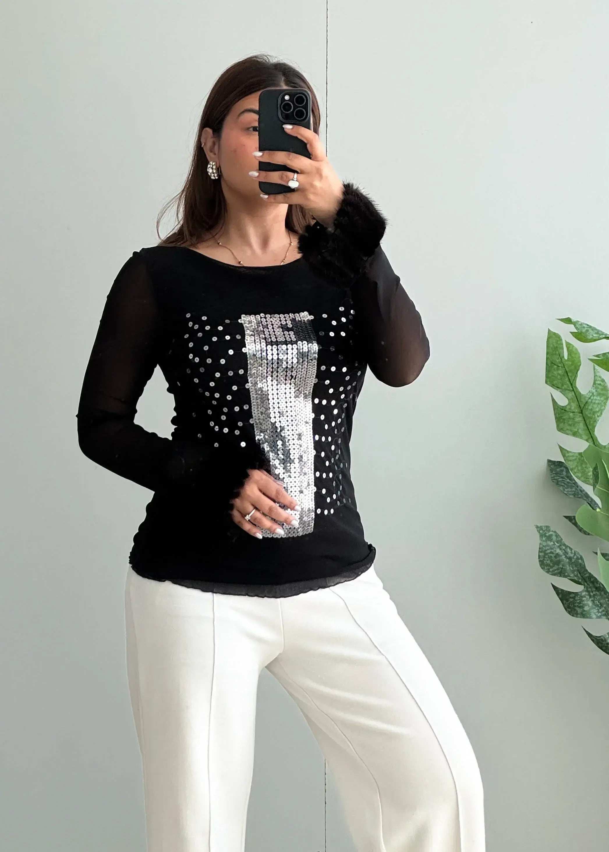 Size S-M, Black Sequin Statement Top with Sheer Sleeves - Closet by Payal