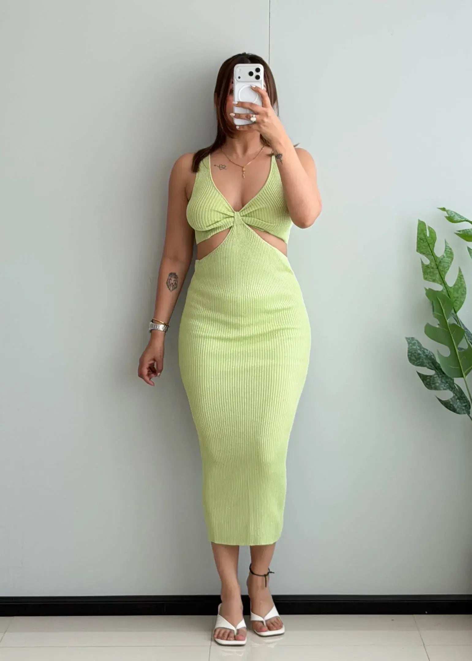 SIZE S-M, Lime Green Ribbed Cut-Out Midi Bodycon Dress – Stretchy Dress - Closet by Payal