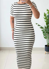Size XS-S, White & Black Stripe Ribbed Midi Dress - Closet by Payal