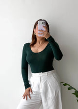 Size S-M, Bottle Green Scoop Neck Full Sleeve Bodysuit