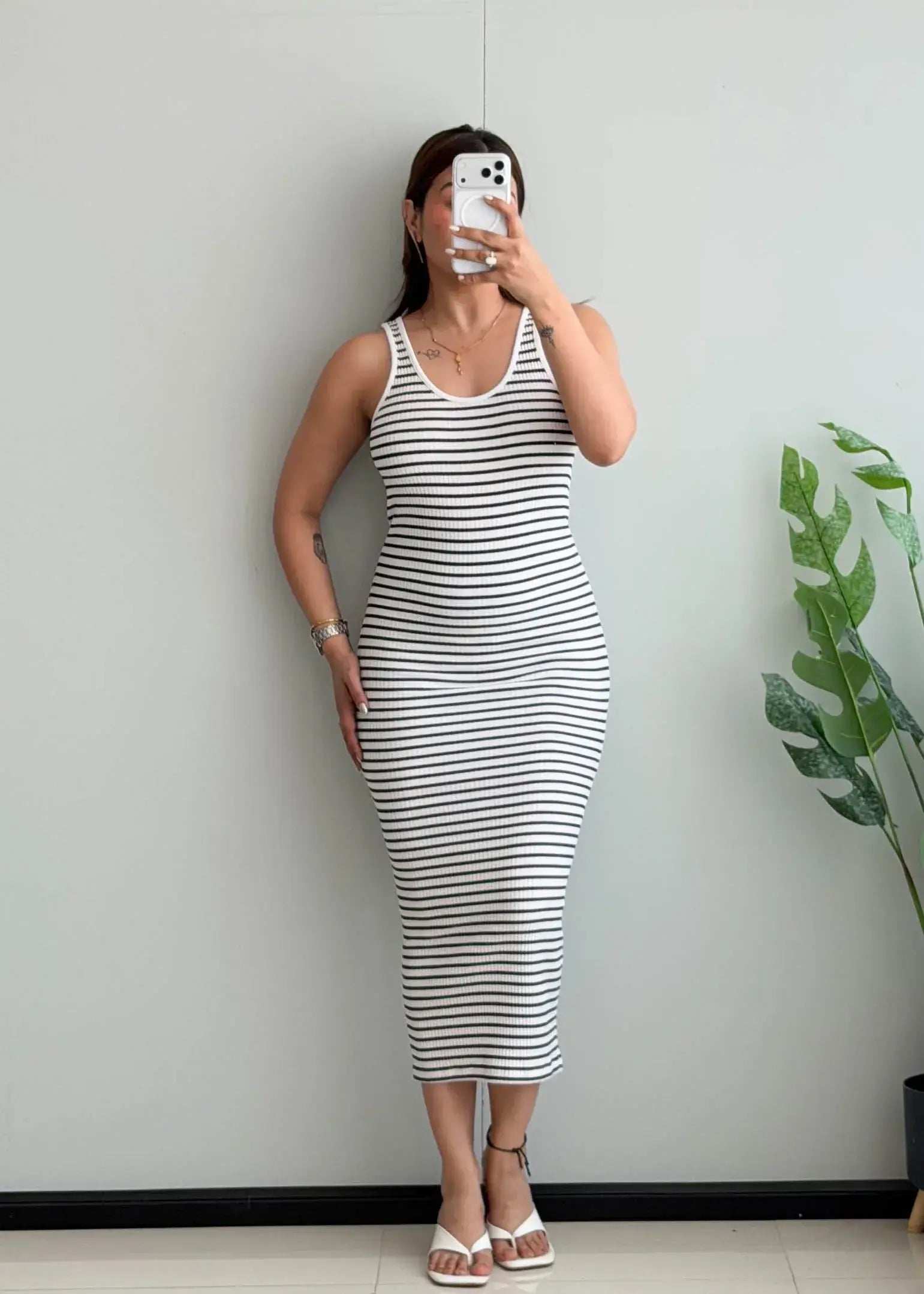 SIZE XS-S, Black & White Striped Ribbed Midi Dress - Closet by Payal