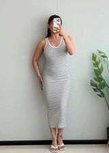 SIZE XS-S, Black & White Striped Ribbed Midi Dress - Closet by Payal