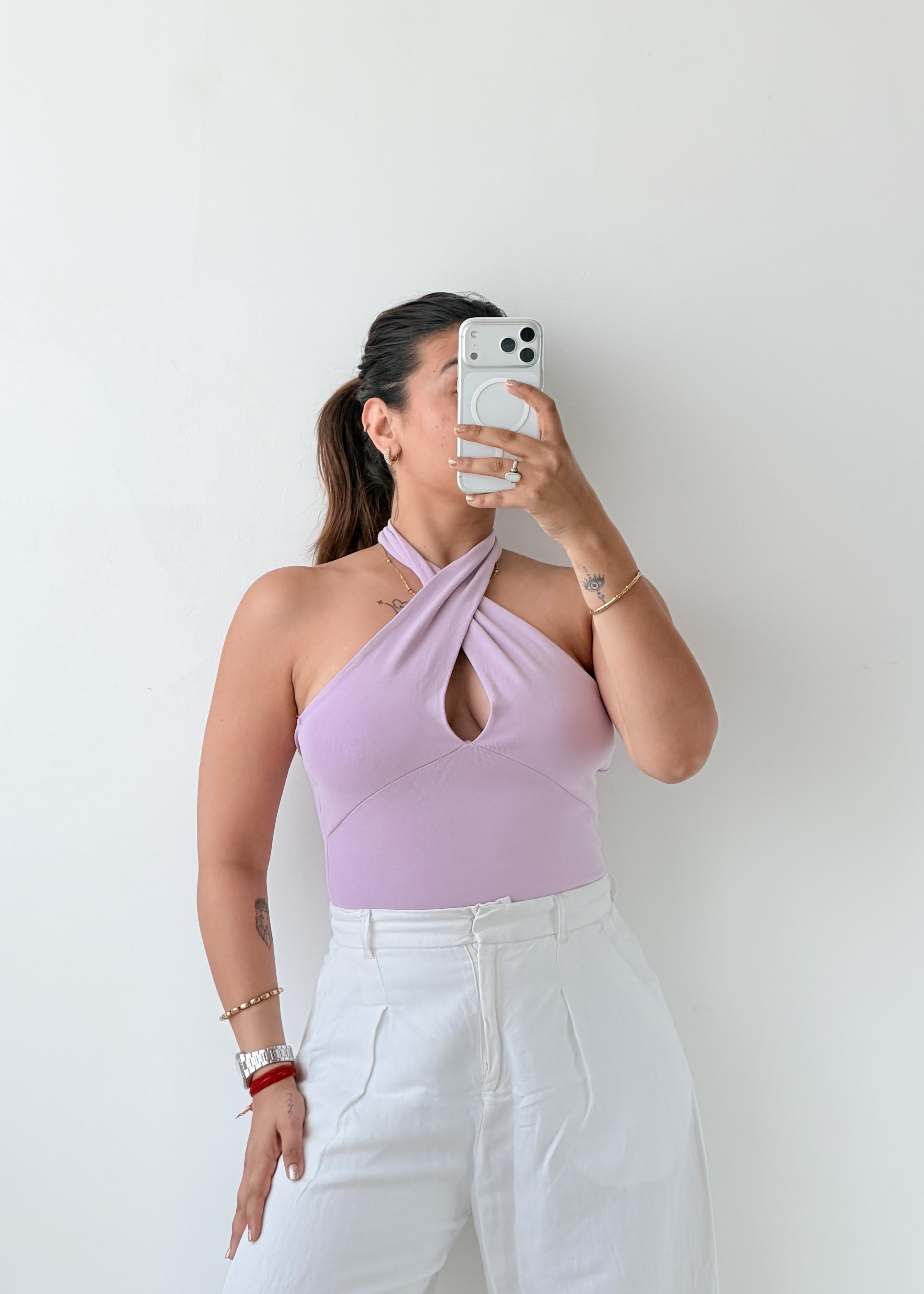 Size XS-S Lilac Twist Halter Bodysuit