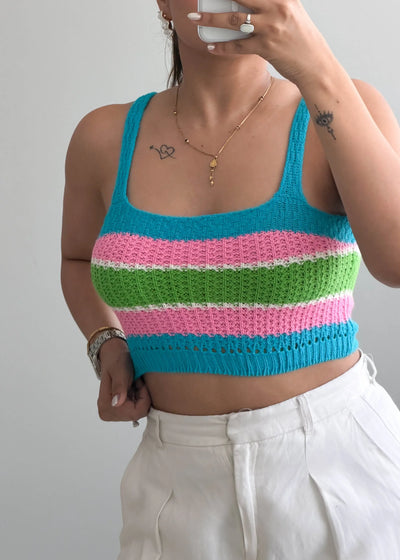 Size S-M, Multi-Color Stripe Crochet Crop Top - Closet by Payal