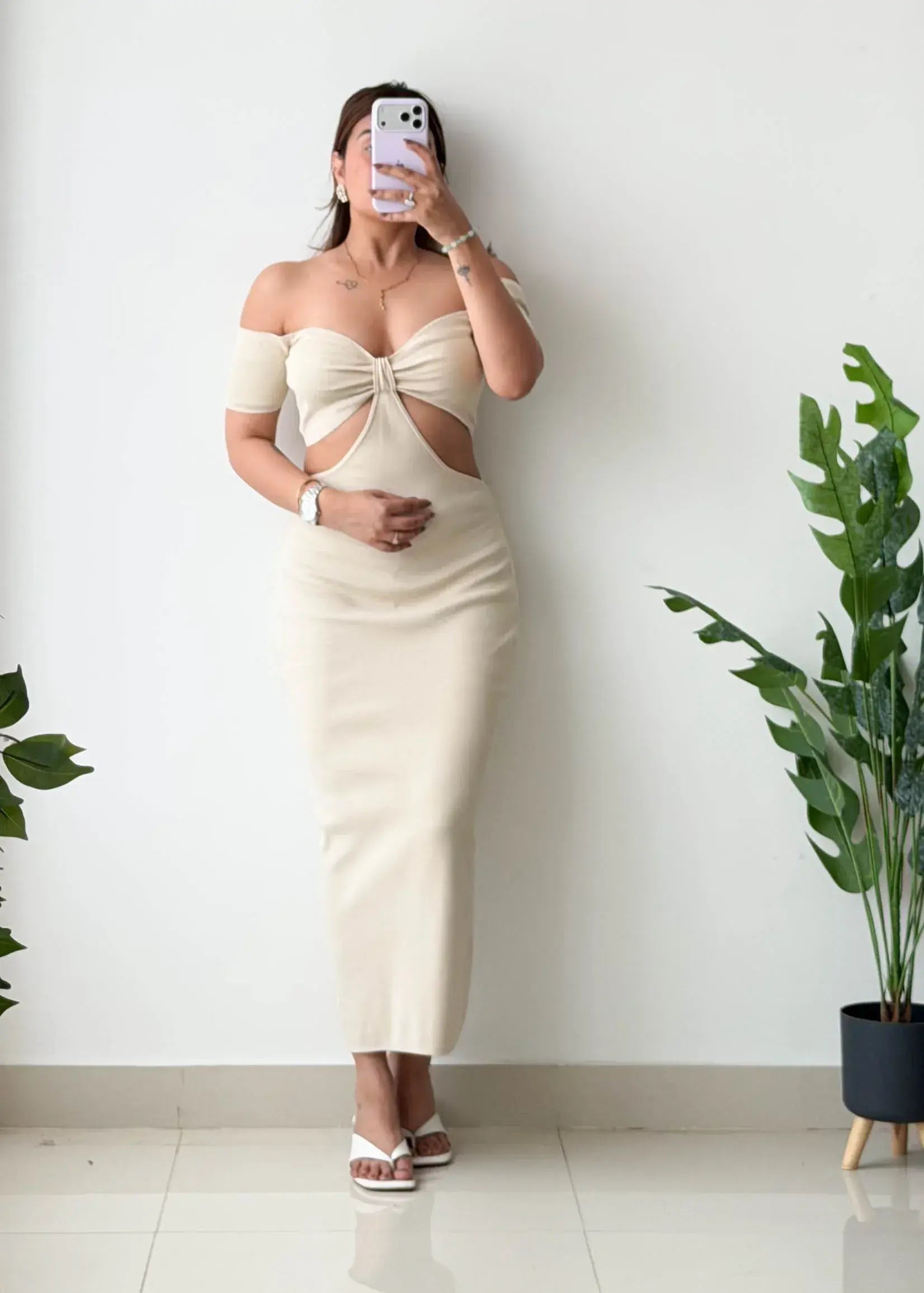 Size S-M, Beige Twist Cut-Out Maxi Dress - Closet by Payal