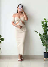 Size S-M, Beige Twist Cut-Out Maxi Dress - Closet by Payal