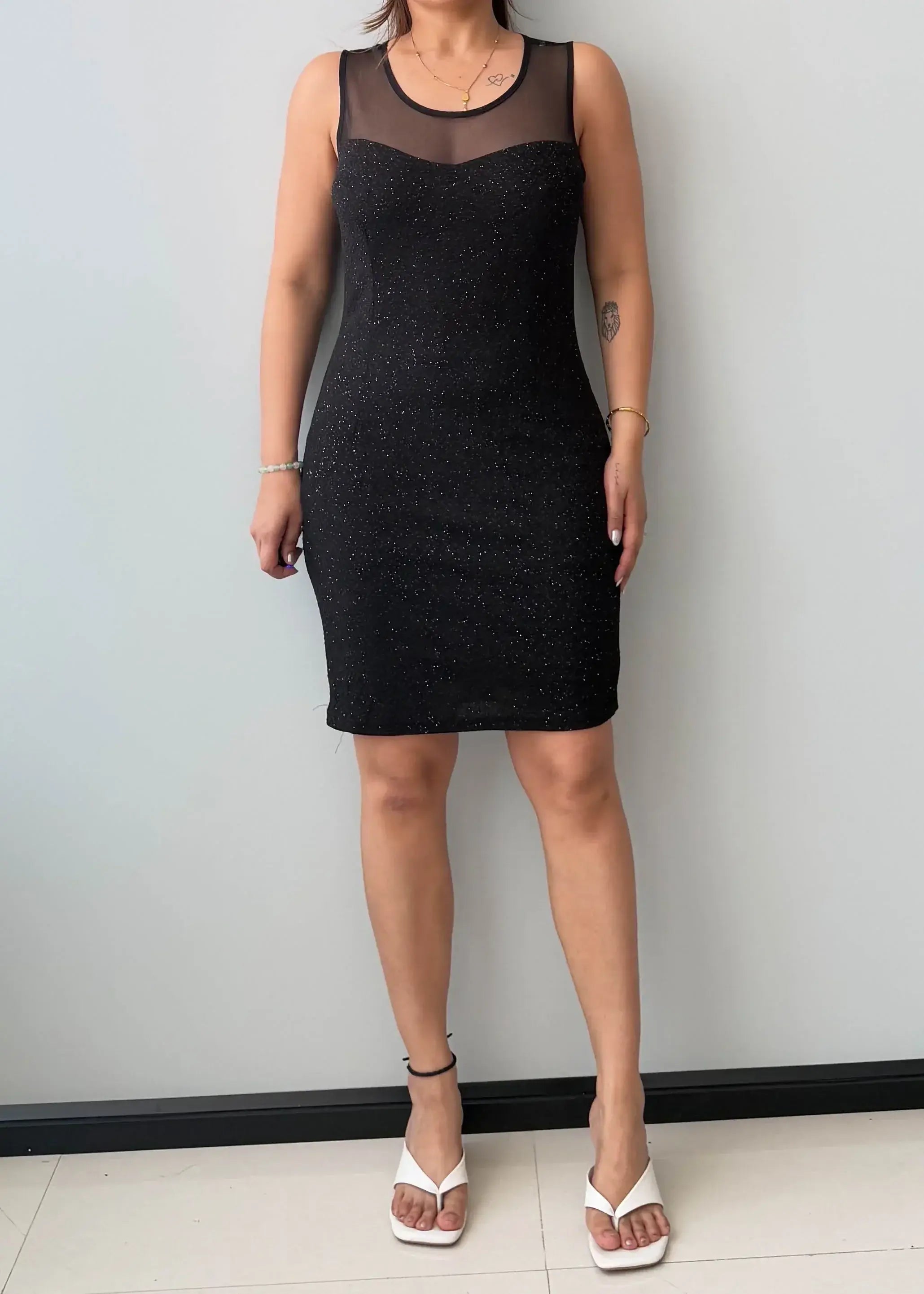 Size M-L, Black Sheer Neck Bodycon Mini Dress - Closet by Payal