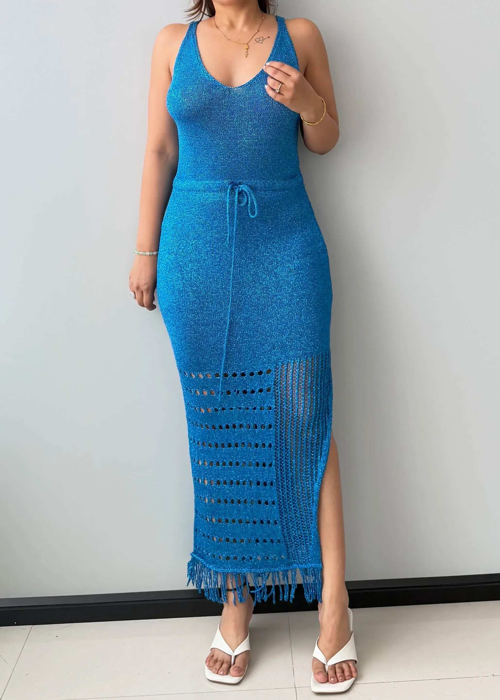 Size M-L, Blue Crochet Drawstring Maxi Dress - Closet by Payal