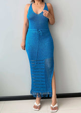 Size M-L, Blue Crochet Drawstring Maxi Dress - Closet by Payal