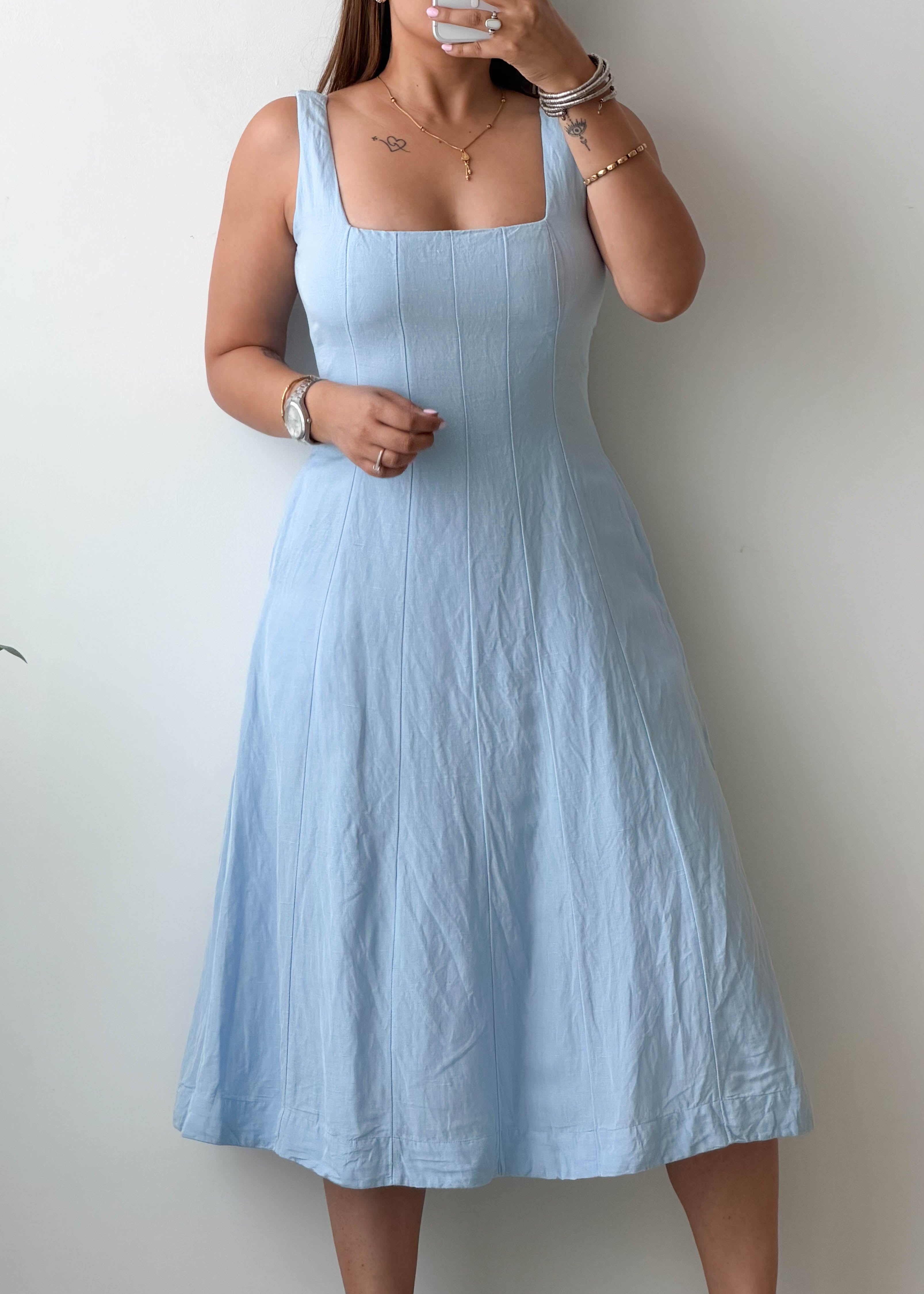 Size L Sky Blue Square Neck Midi Dress