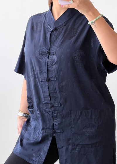 L-XL Navy Mandarin Collar Cotton Voile Shirt