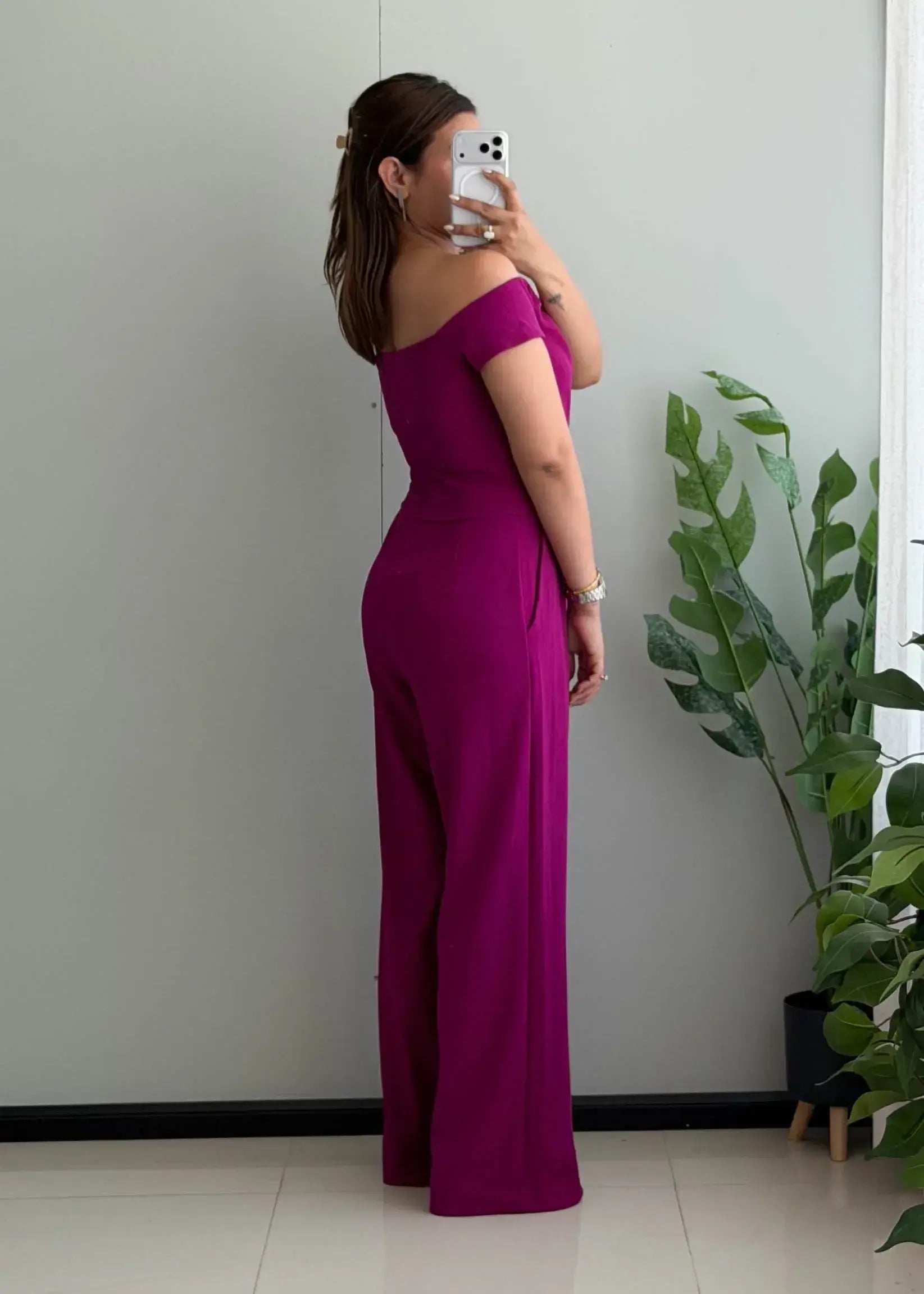 SIZE M-L, Magenta Off-Shoulder Wide-Leg Jumpsuit - Closet by Payal