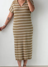 Size M-L Khaki Striped Polo Maxi Dress