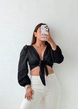 Size XS-S Black Tie-Front Crop Blouse