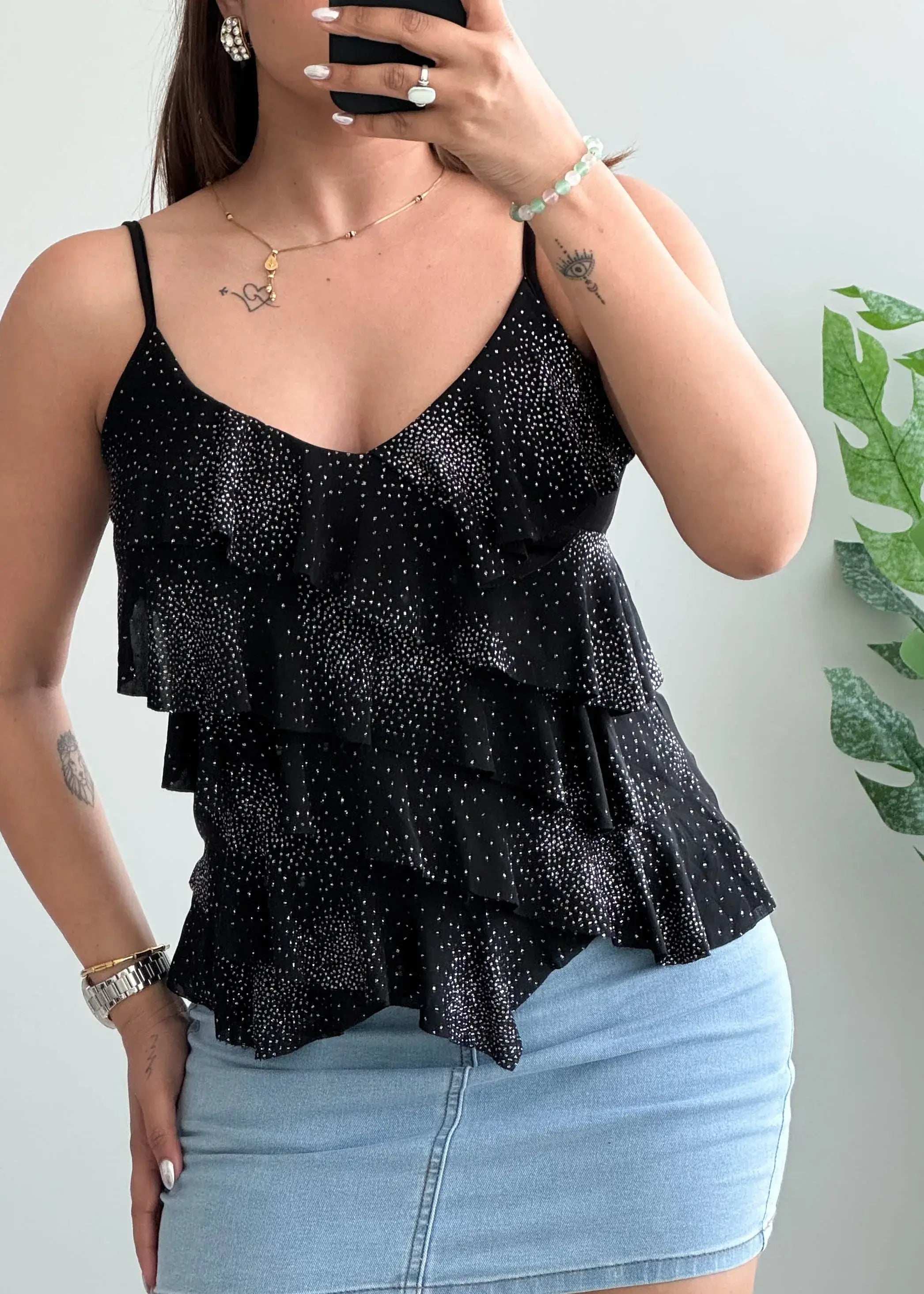 Size XS-S, Black Spaghetti Strap Ruffle Top - Closet by Payal