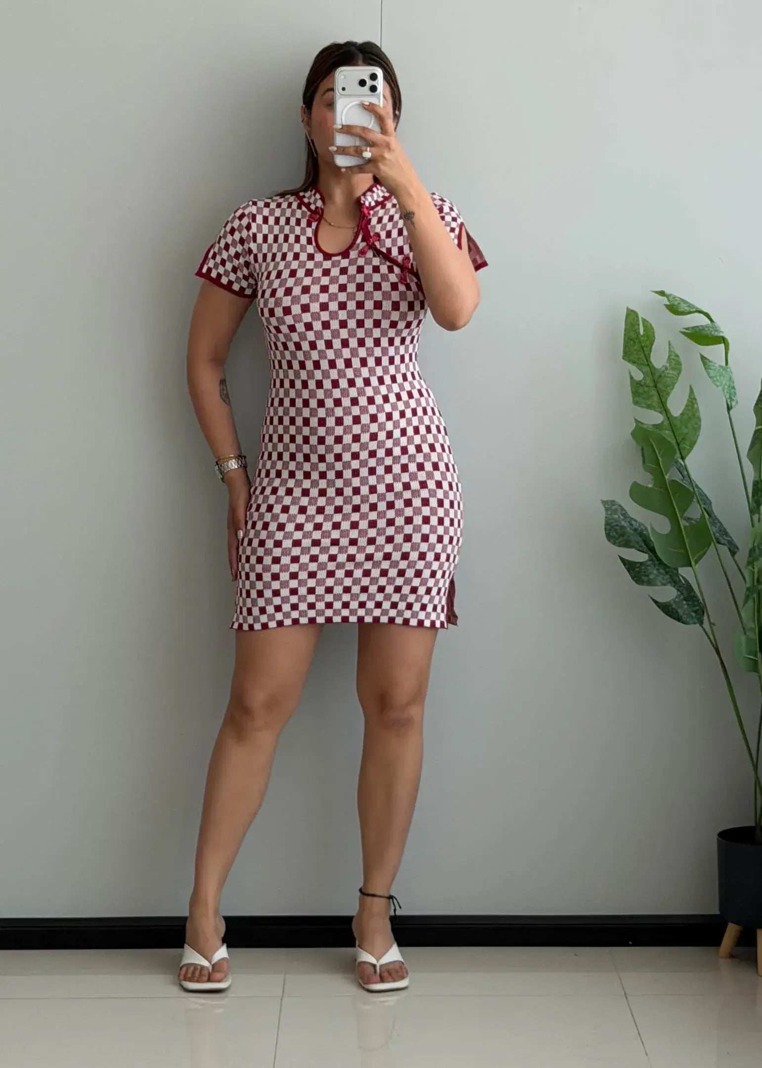 SIZE S-M, Red Checkered Knit Mini Dress - Closet by Payal