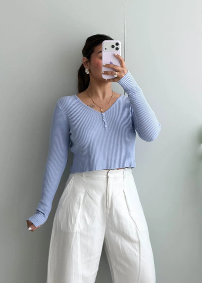 Size S-M, Light Blue Ribbed Long Sleeve Top - Closet by Payal
