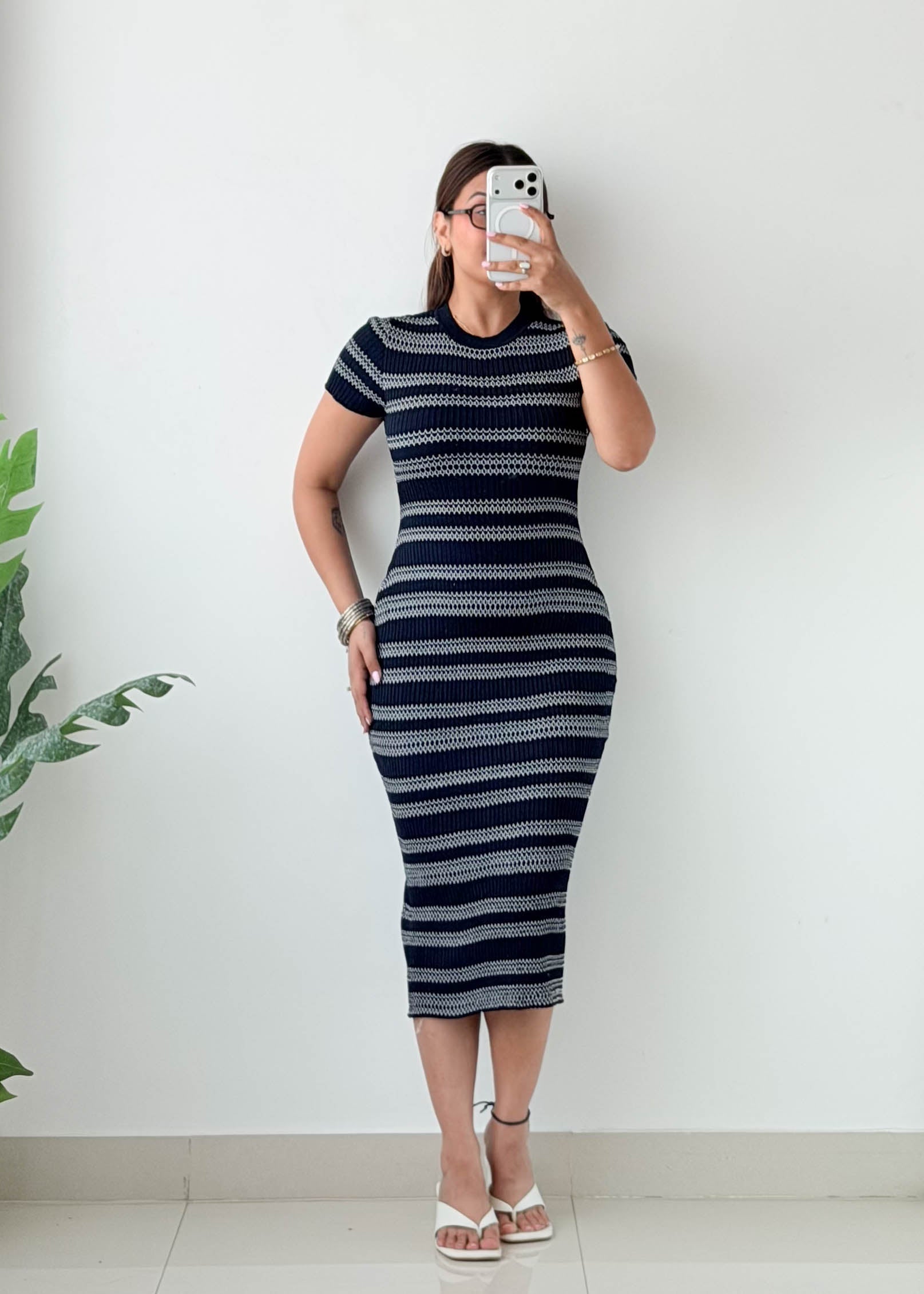 Size XS-S Navy Striped Ribbed Midi Dress