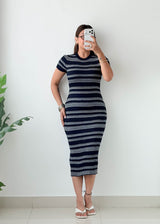 Size XS-S Navy Striped Ribbed Midi Dress