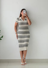 Size S-M White Stripe Collared Knit Midi Dress