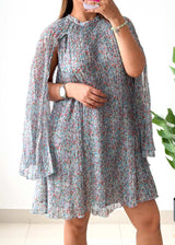 Size M-L, Pastel Floral Cape Sleeve Mini Dress