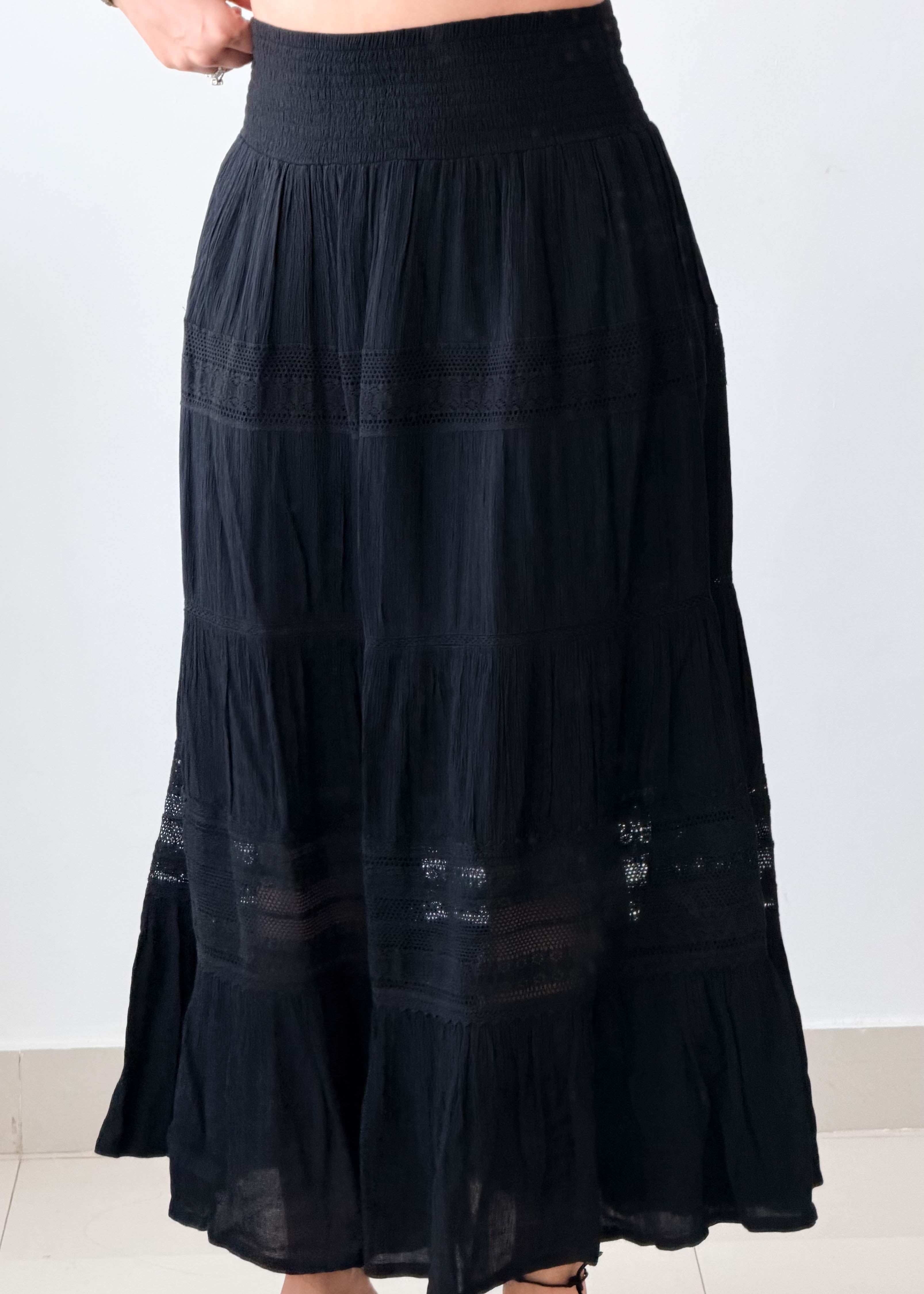 Waist 32-34 Black Tiered Maxi Skirt