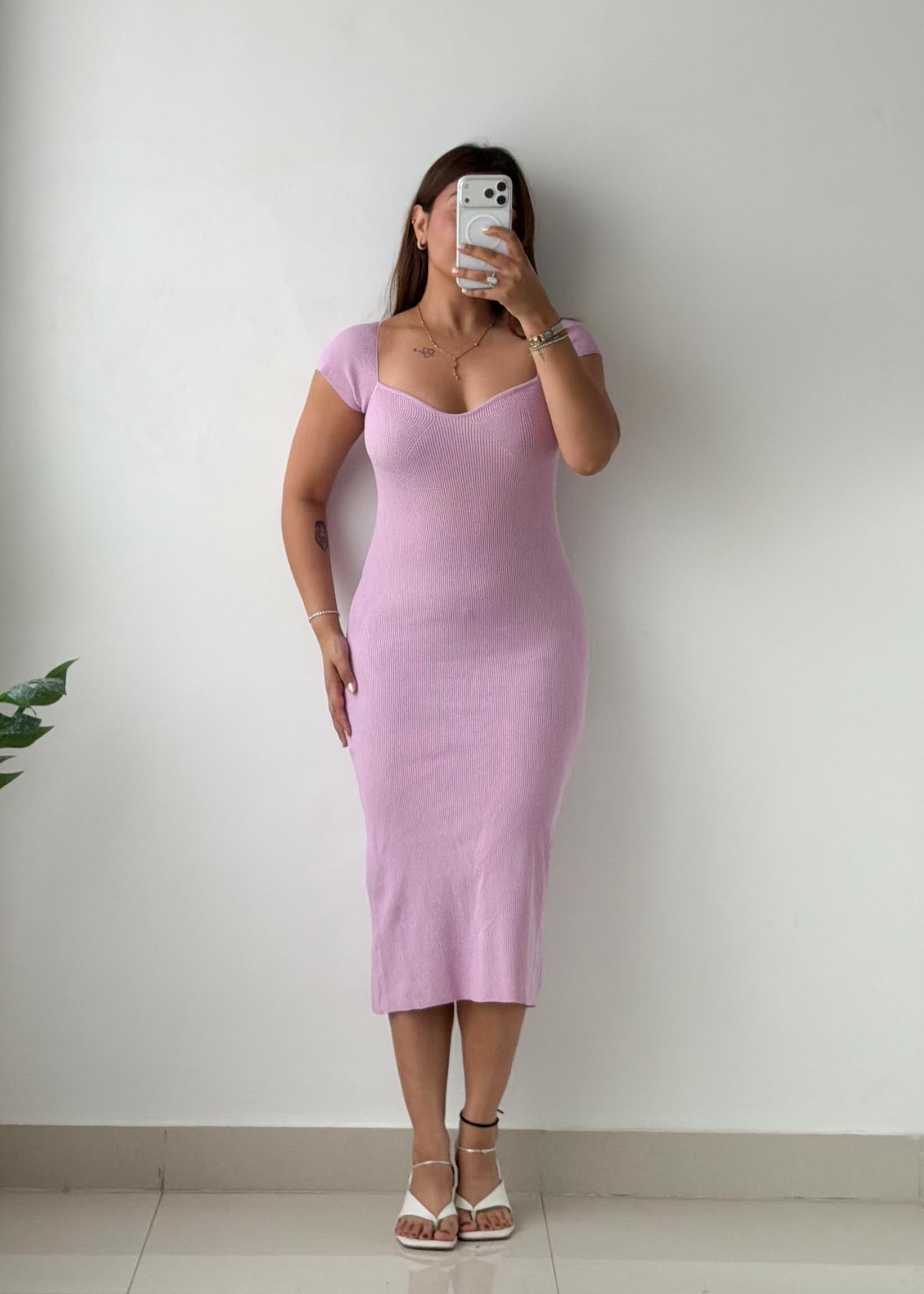 Size S-M Lilac Ribbed Knit Midi Dress