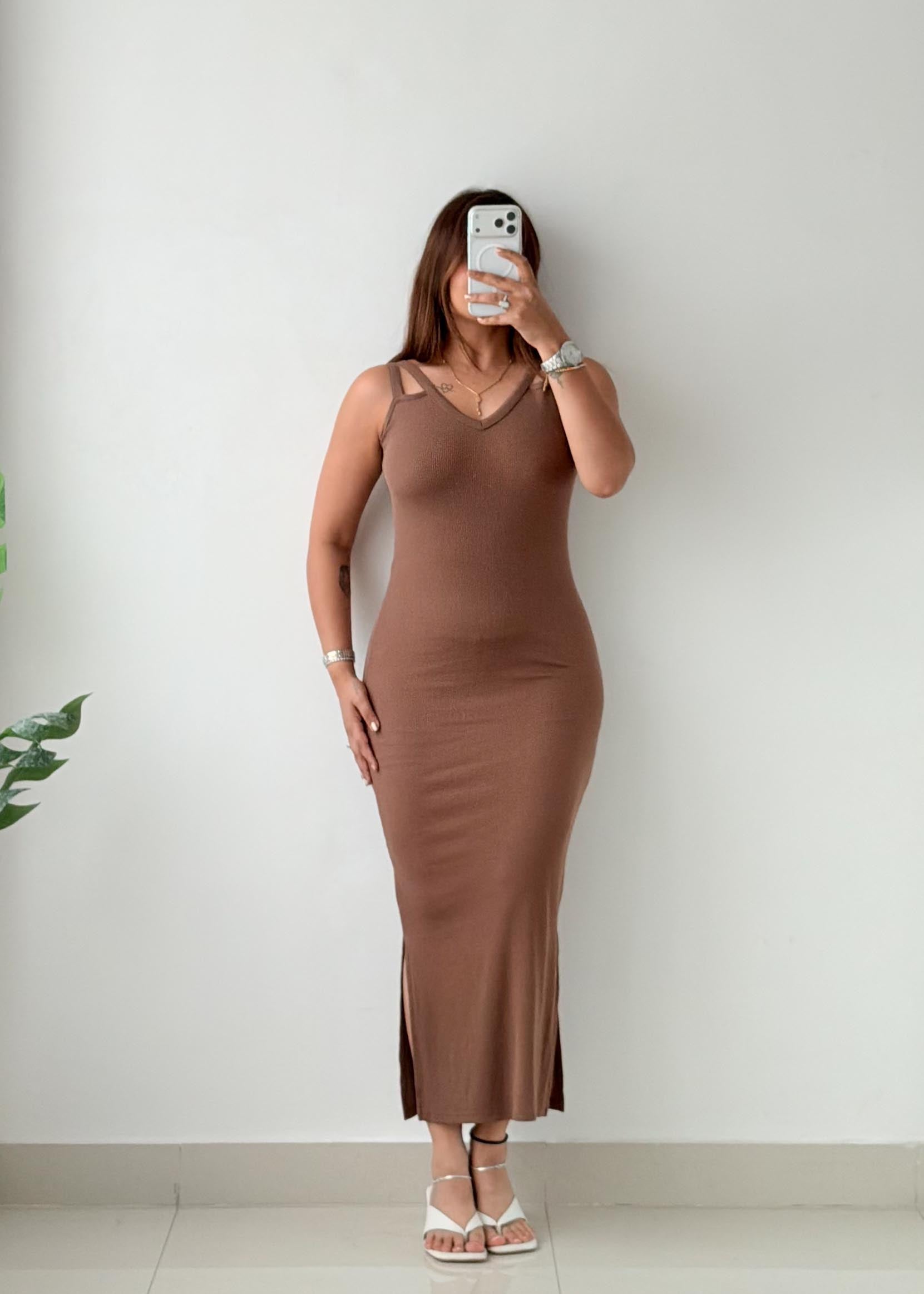 Size XS-S Brown Ribbed Knit Maxi Dress