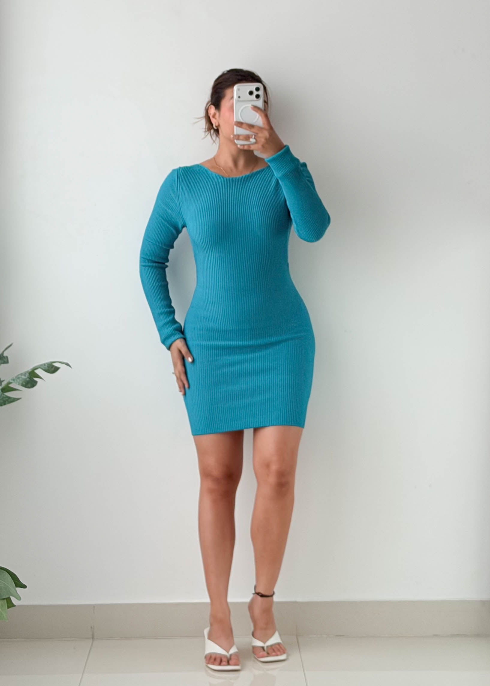 Size S-M Teal Ribbed Knit Mini Dress