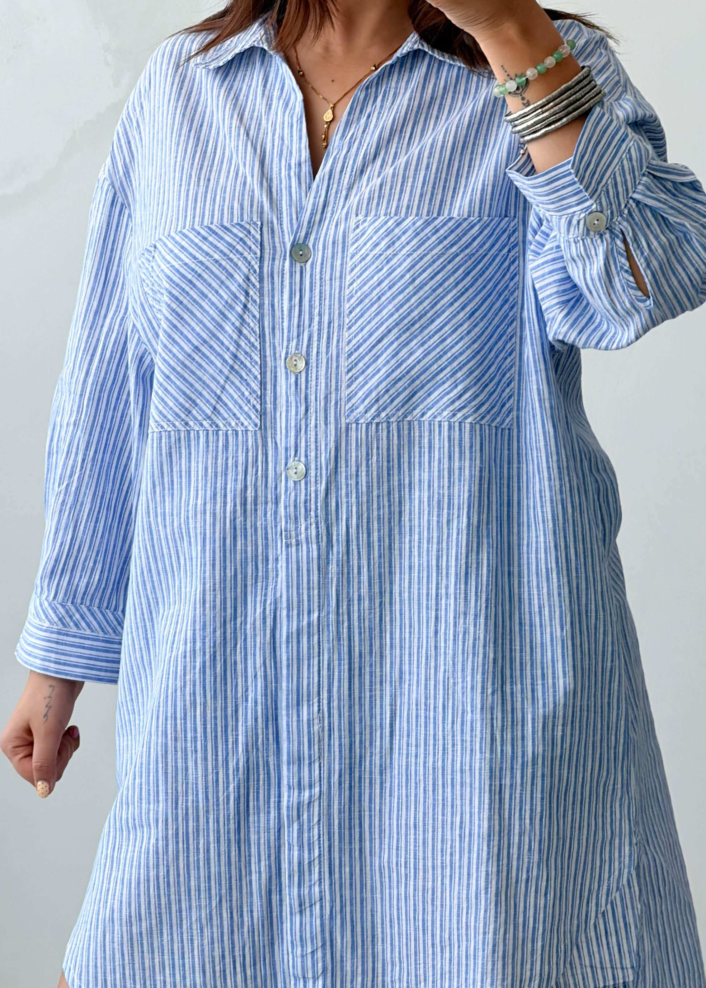 Size M-L Cotton Blue Striped Shirt Dress