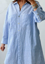 Size M-L Cotton Blue Striped Shirt Dress