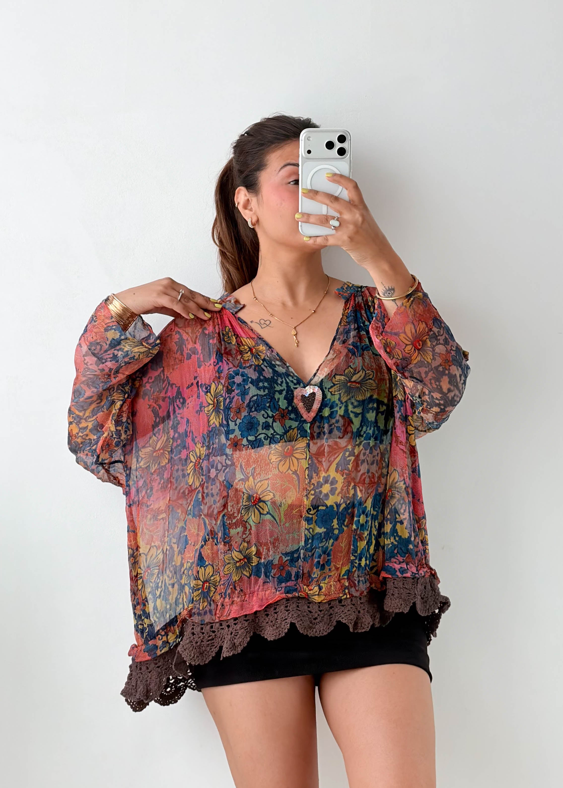 Free Size Multicolor Boho Sheer Tunic Top
