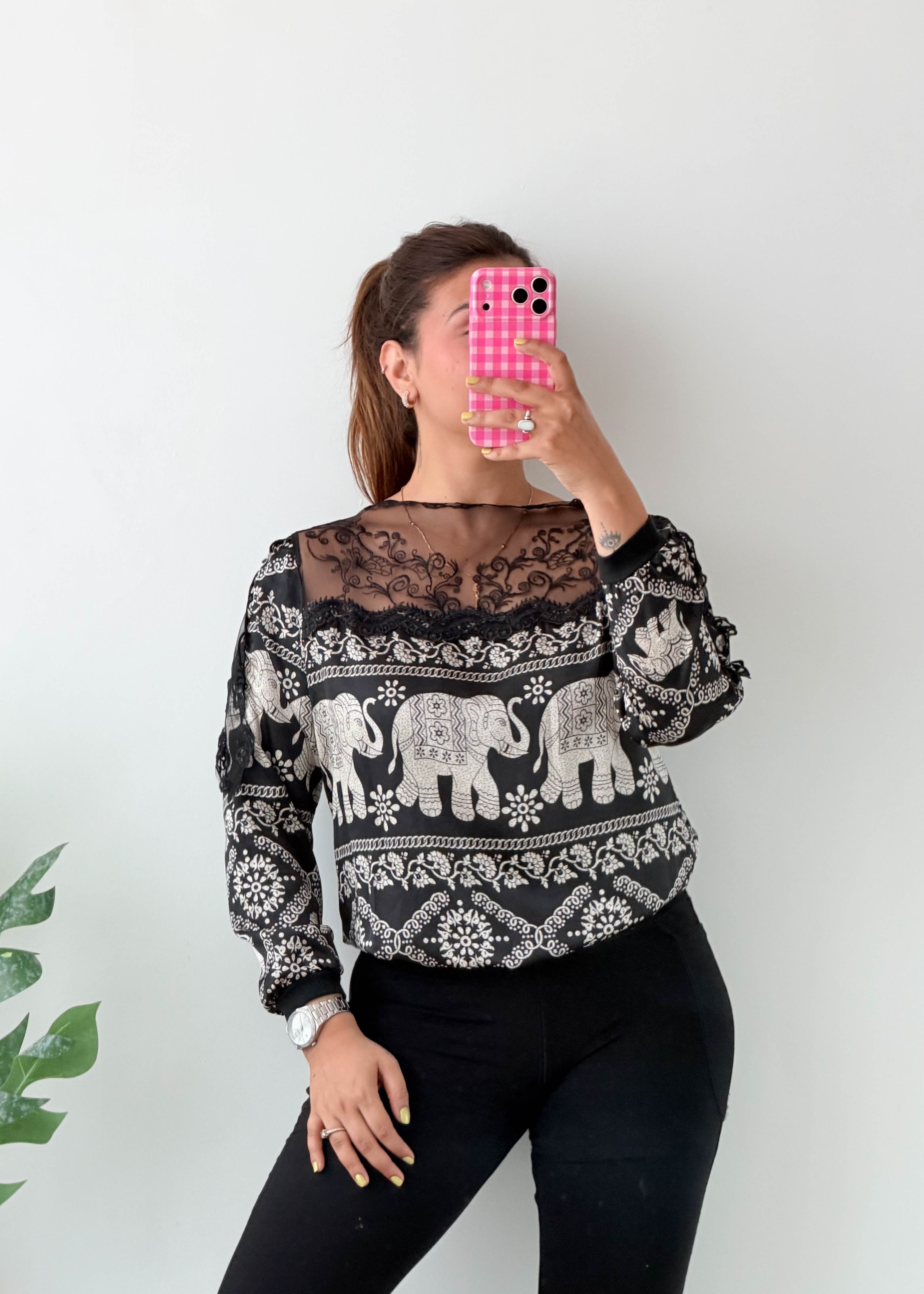 Size S-M Black Elephant Lace Top