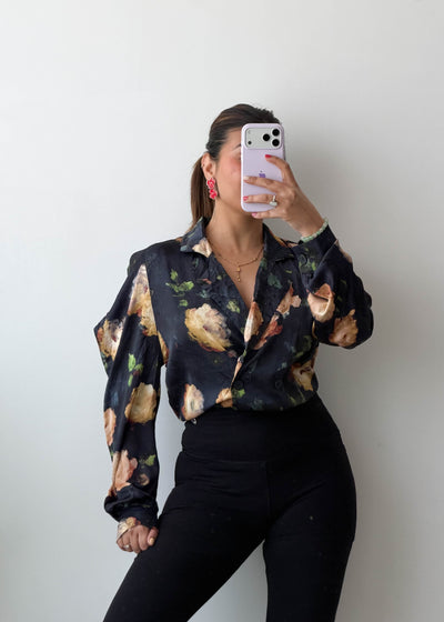 M-L Black Floral Satin Shirt Top