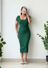 Size S-M, Green Short Sleeve Ribbed Midi Dress - Closet by Payal