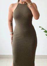 Size XS-S, Olive Halter Ribbed Maxi Dress - Closet by Payal
