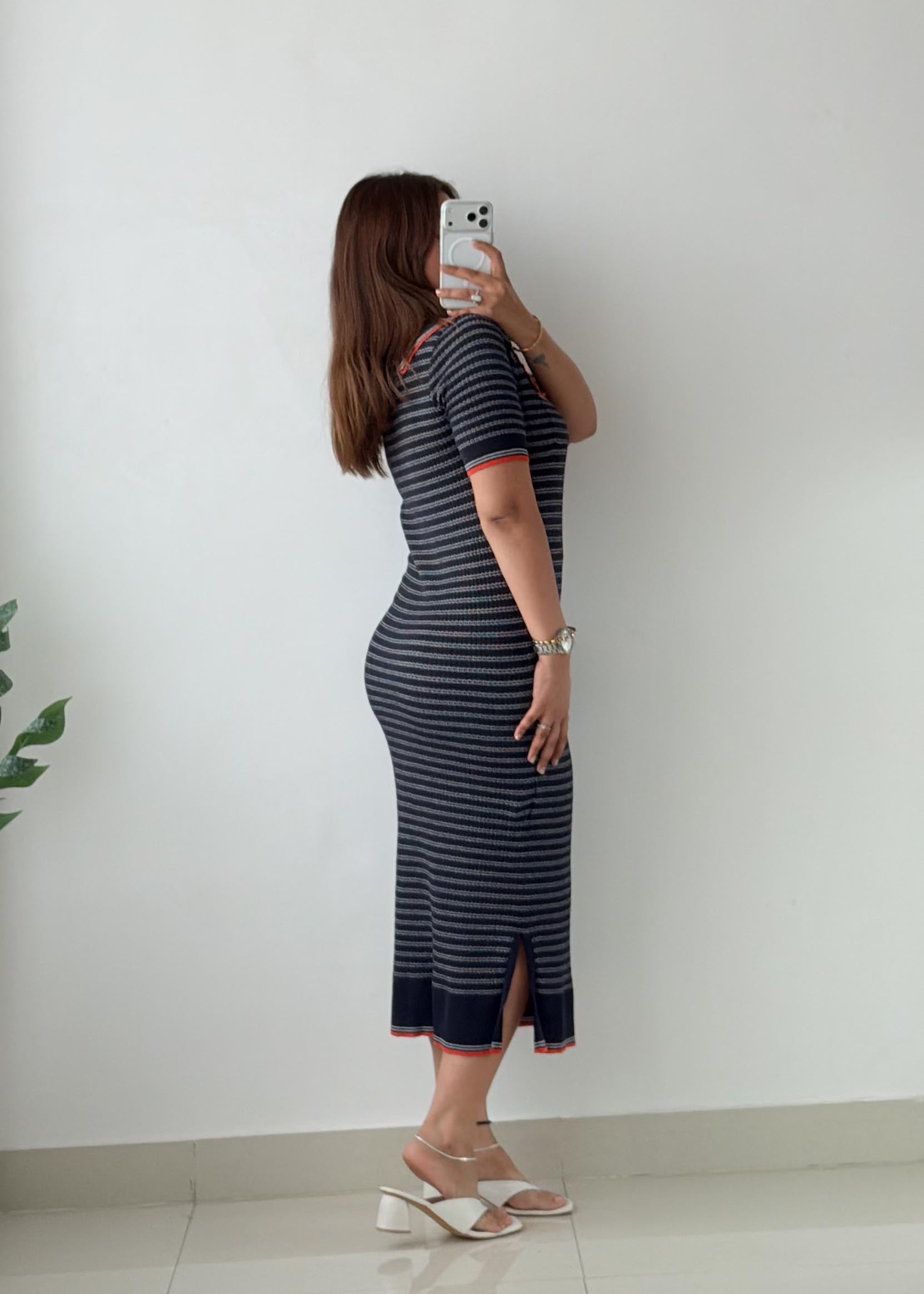 Size M-L Navy Stripe Polo Ribbed Midi Dress