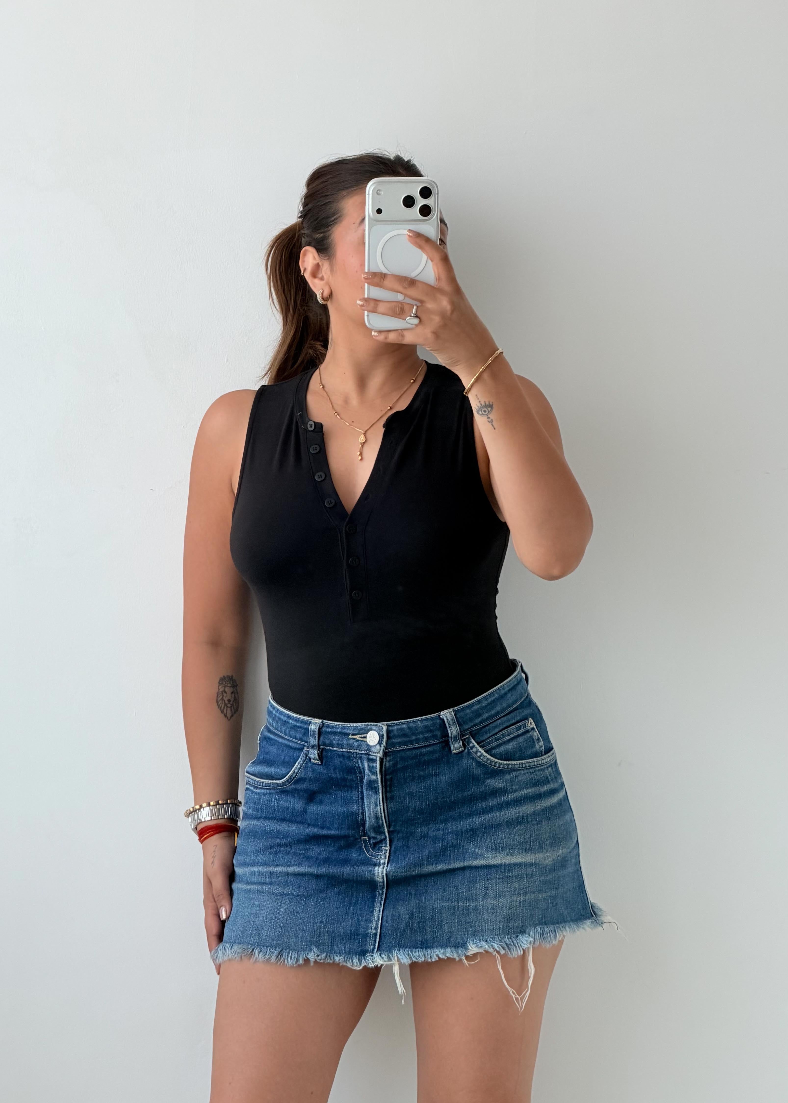 Size S-M Black Henley Sleeveless Bodysuit
