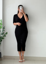 Size M-L Black Ribbed Button-Front Midi Dress