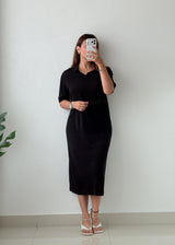 Size M-L Black Collared Knit Midi Dress