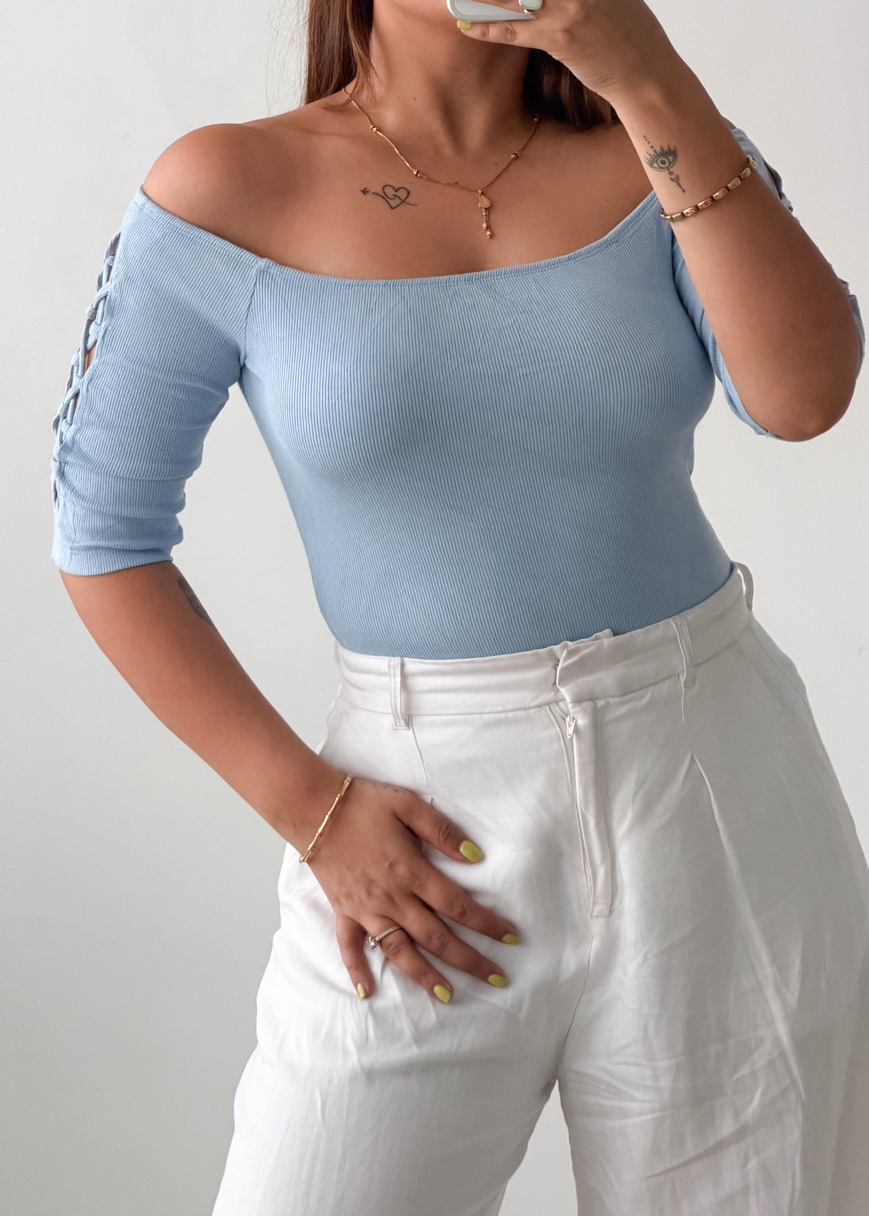 Size S-M Powder Blue Off-Shoulder Bodysuit