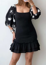 Size S-M, Black Floral Sleeve Bodycon Mini Dress
