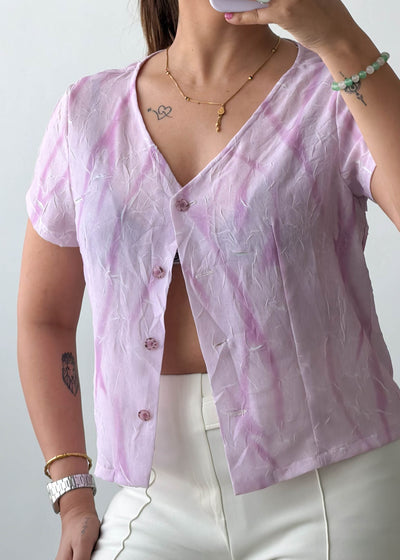 XS-S Lilac Textured Button Viscose Crepe Front Top