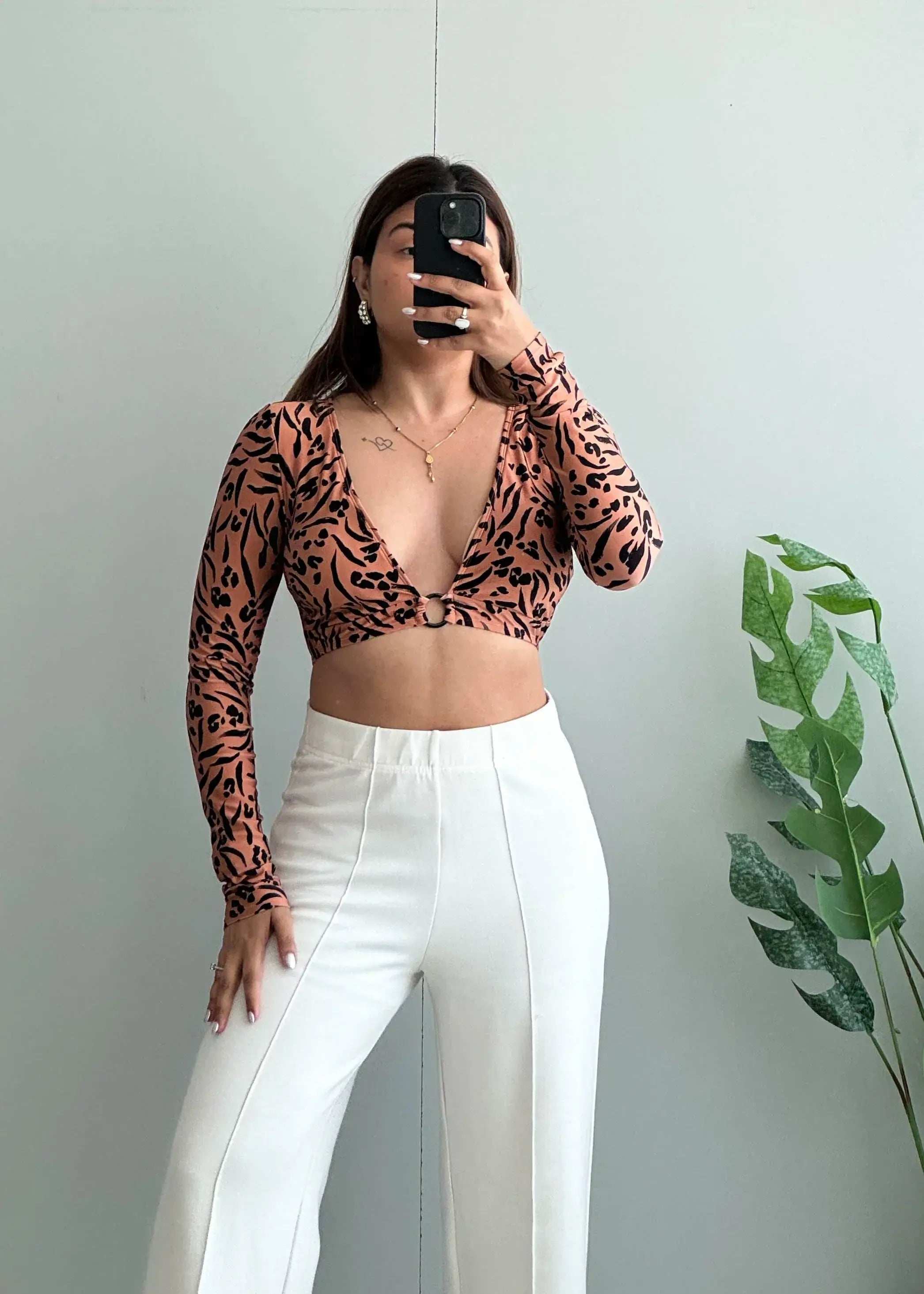 Size XS-S, Long Sleeve Deep V Padded Animal Print Crop Top - Closet by Payal