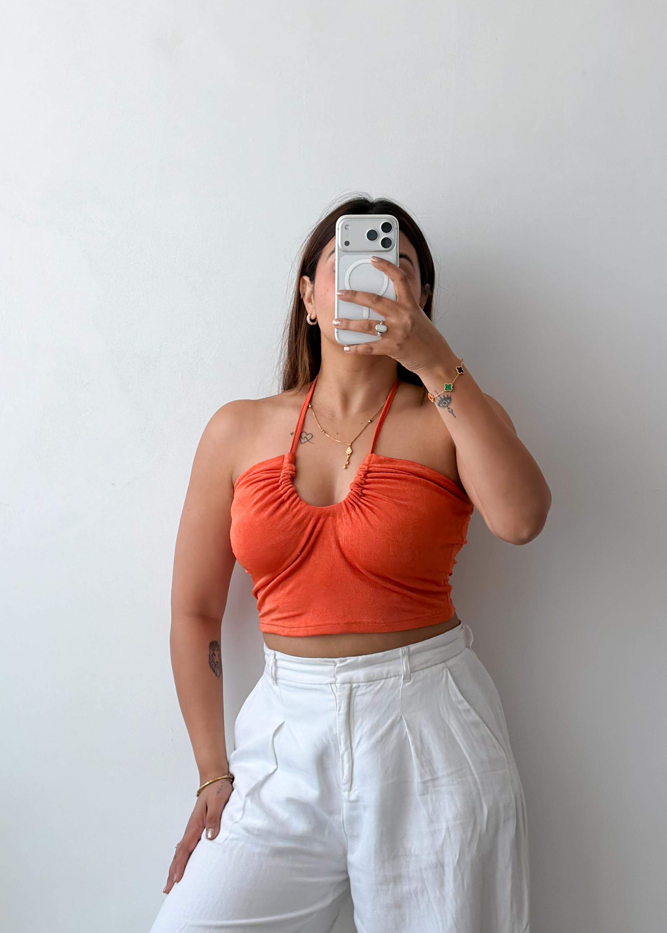 Size S-M Orange Ruched Halter Crop Top