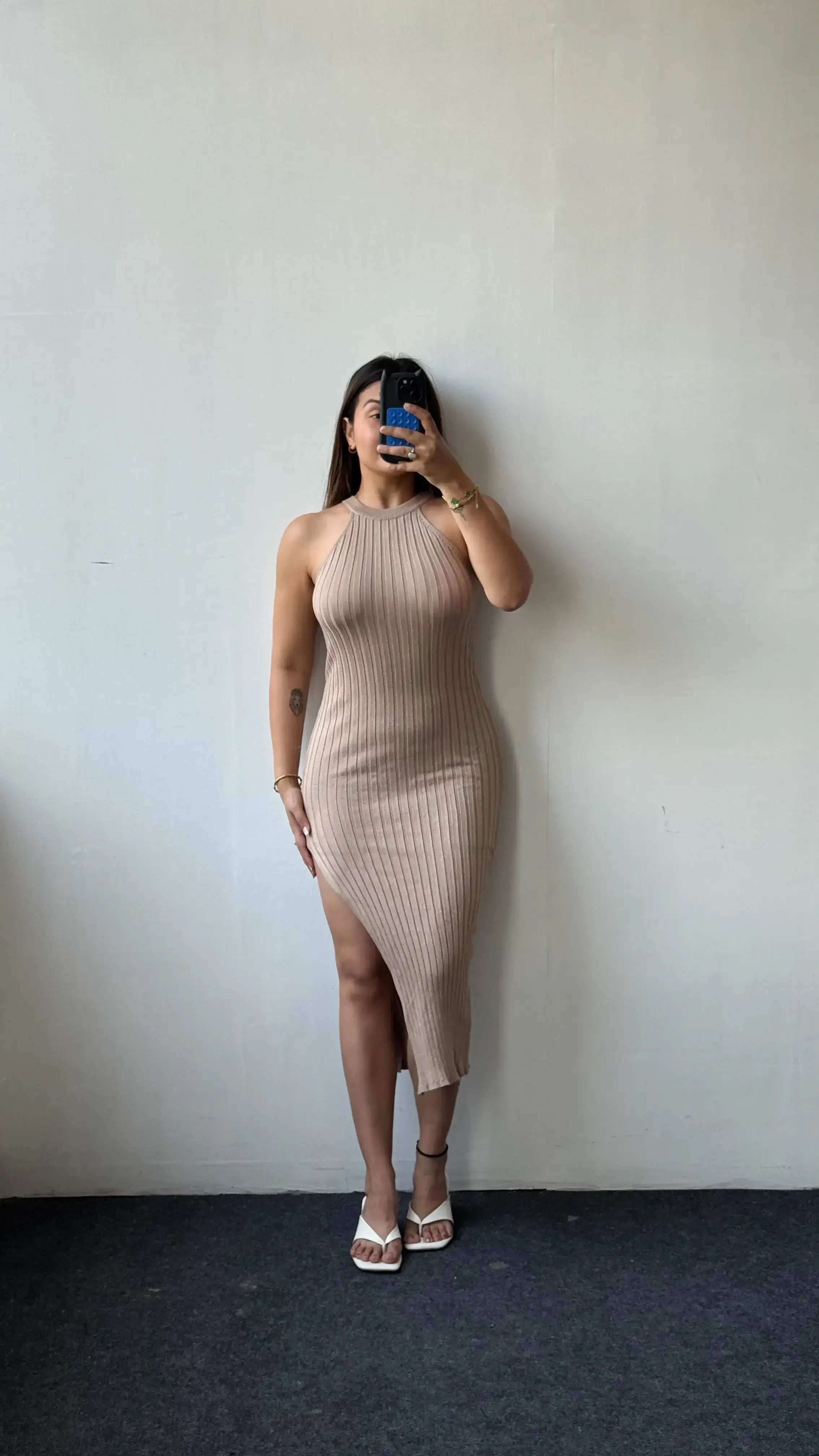 Size S-M, Taupe Halter Neck Ribbed Midi Dress